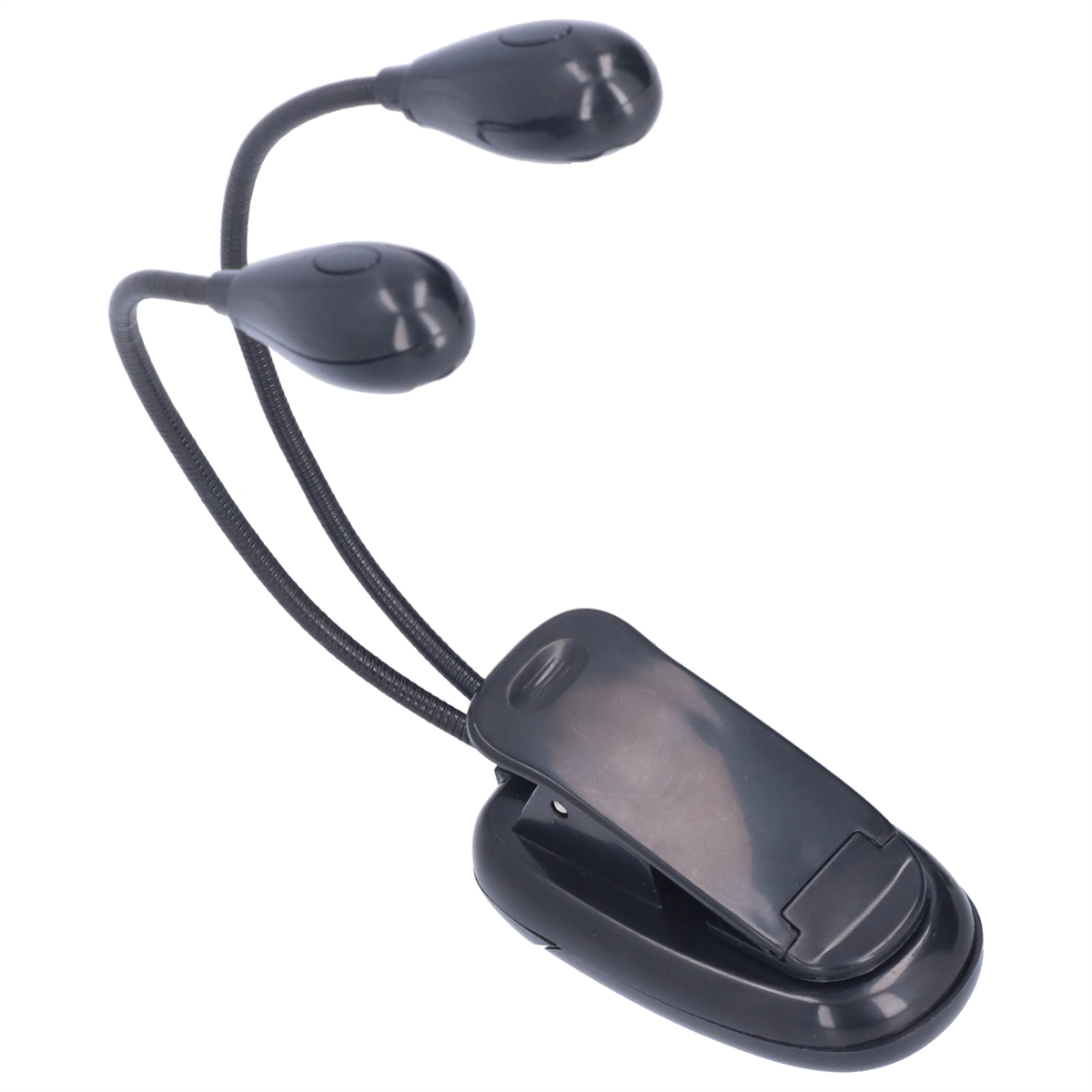 Schwarzes LED-Buchlicht mit zwei Köpfen und Clip. Flexible Hälse und zwei Lichtquellen.