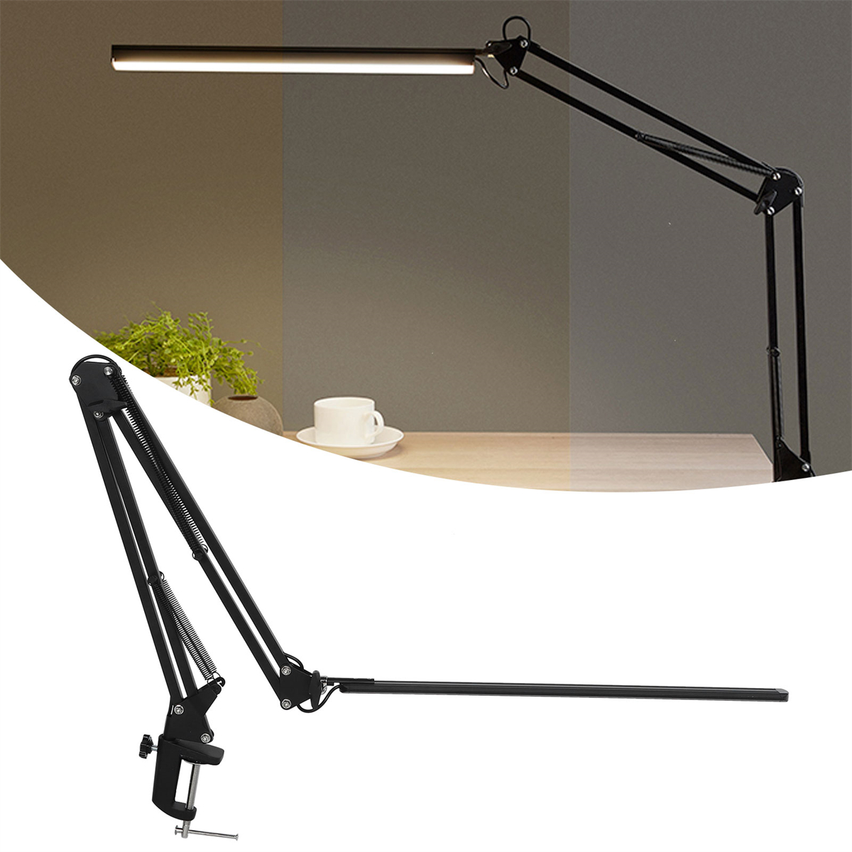 Eine schwarze Schreibtischlampe mit langem Arm. Die Lampe steht auf einem Schreibtisch. Ein weiteres Bild zeigt die Lampe in Gebrauch.