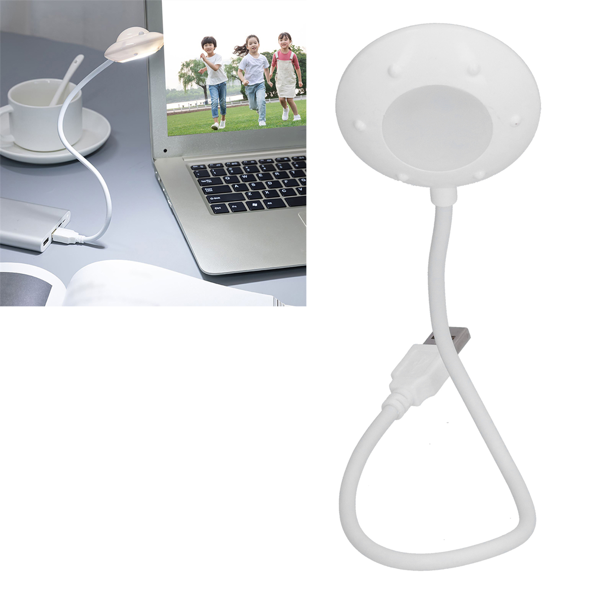 Weiße Schreibtischlampe, Laptop und eine Hand, die mit dem Laptop-Bildschirm interagiert.
