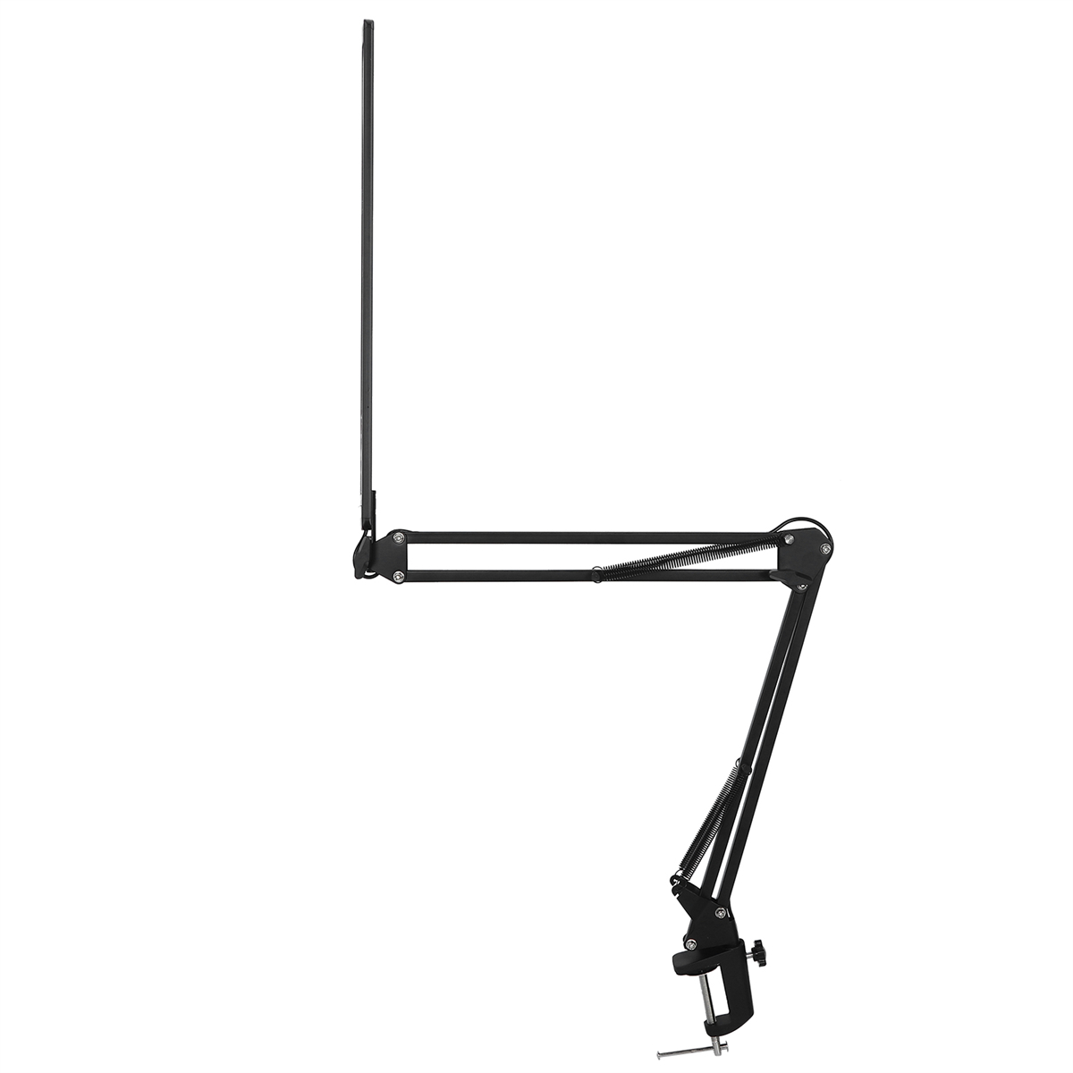 Schwarzer Mikrofon-Arm mit Klemme. Weißer Hintergrund.