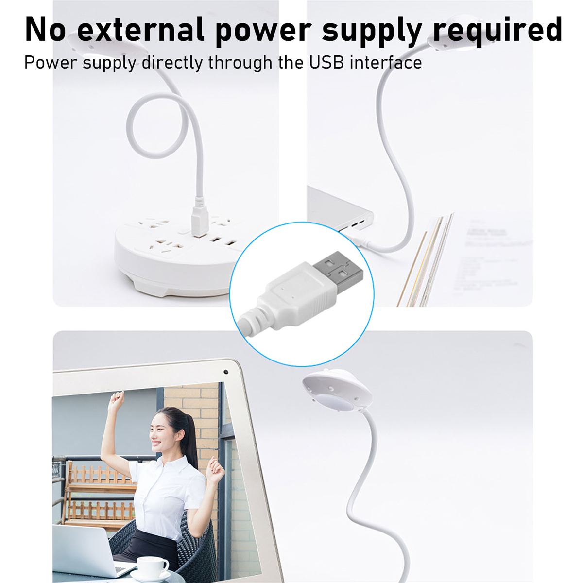 Bilder, die eine Lampe zeigen, die an einen USB-Anschluss angeschlossen ist. Eine Frau benutzt ein Tablet.