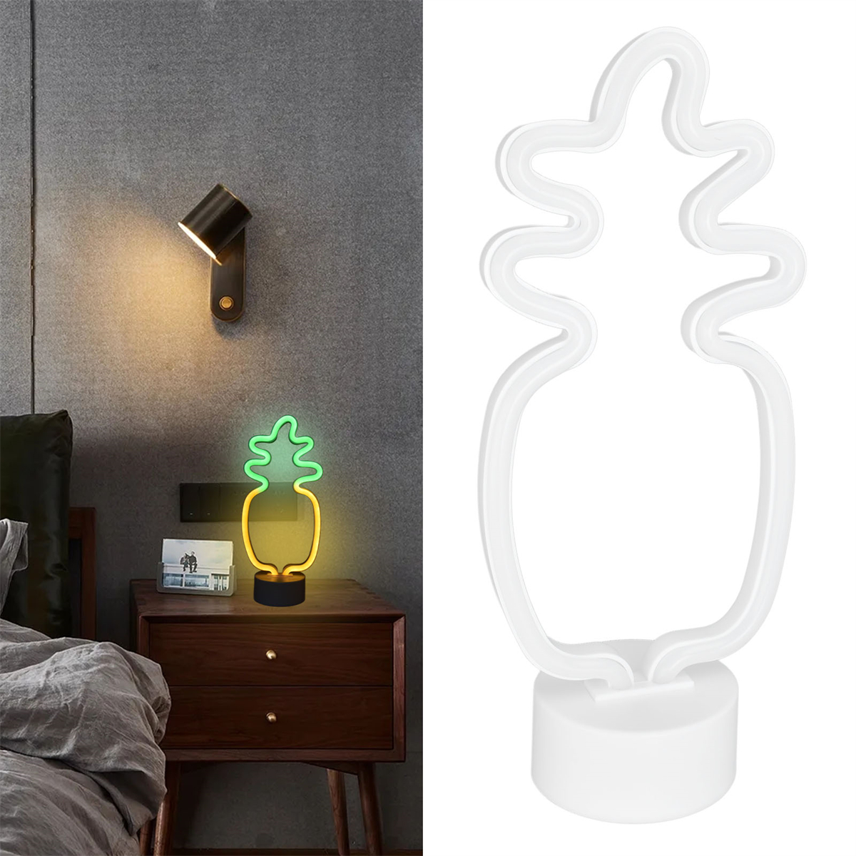 Eine Neon-Ananas-Lampe, Nachttisch mit Lampe und eine Wandleuchte.