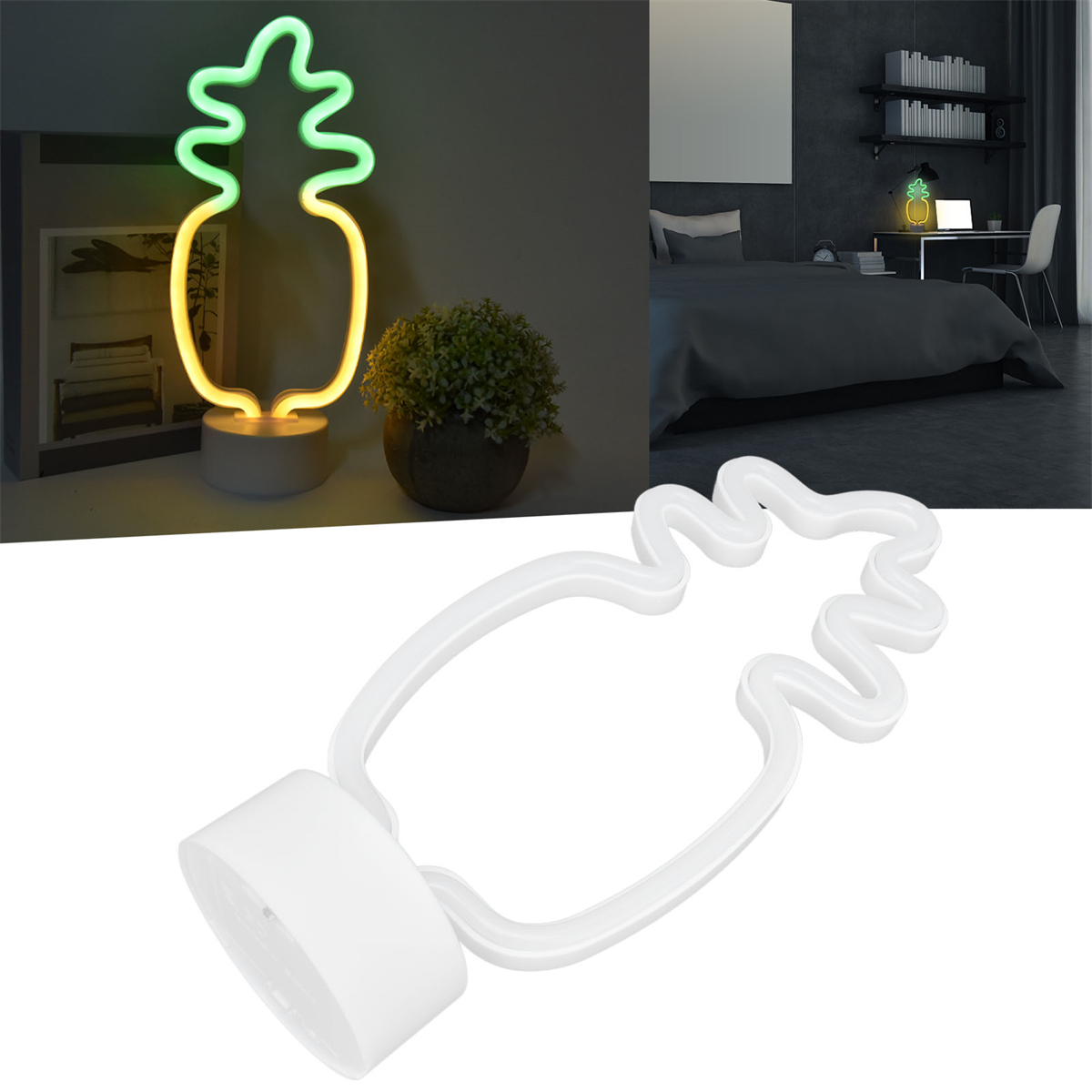 Eine Neon-Ananas-Lampe und eine detaillierte Ansicht der Lampe. Der Hintergrund ist ein Schlafzimmer.