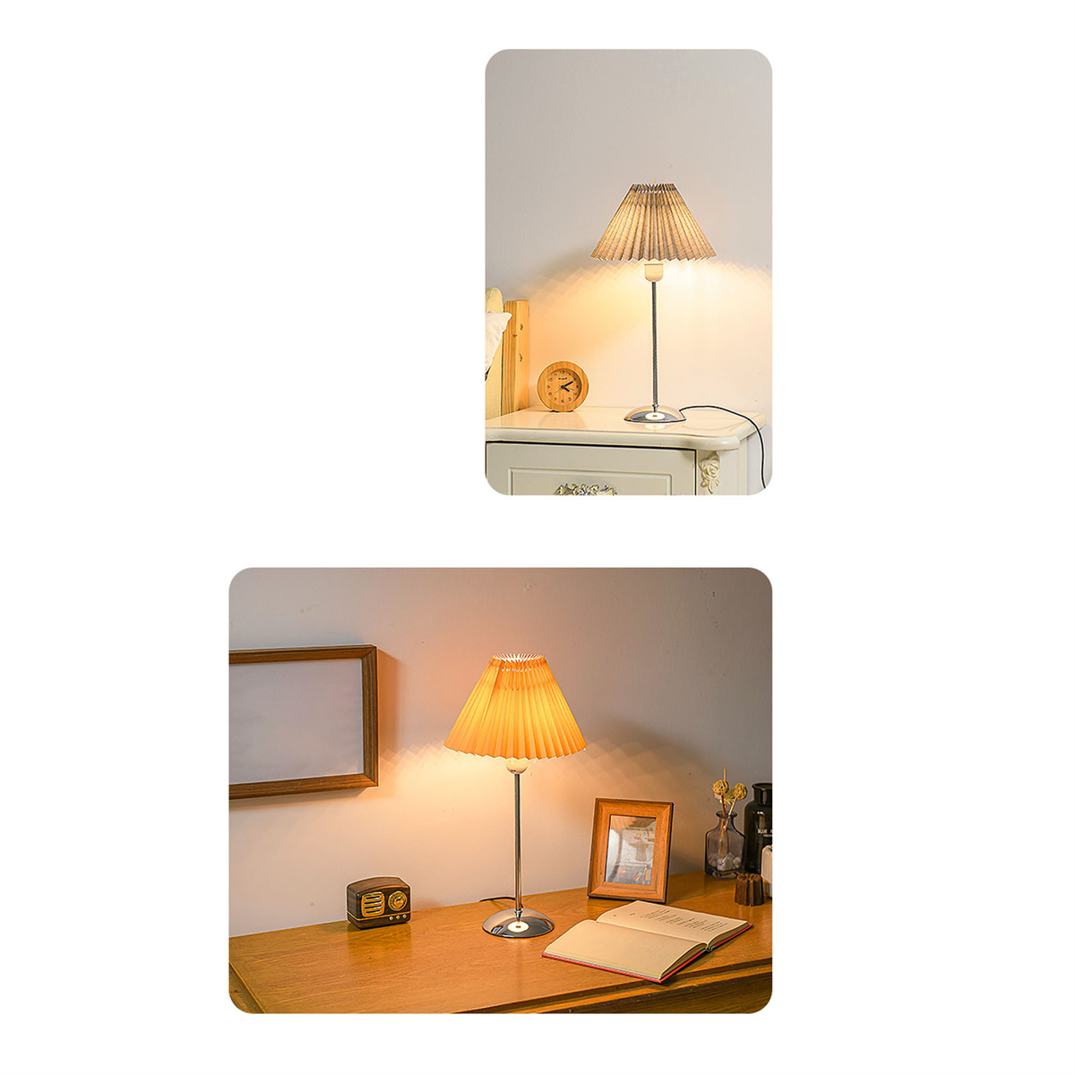 Zwei Bilder: Eine Lampe auf einem Nachttisch und eine Lampe auf einem Schreibtisch.