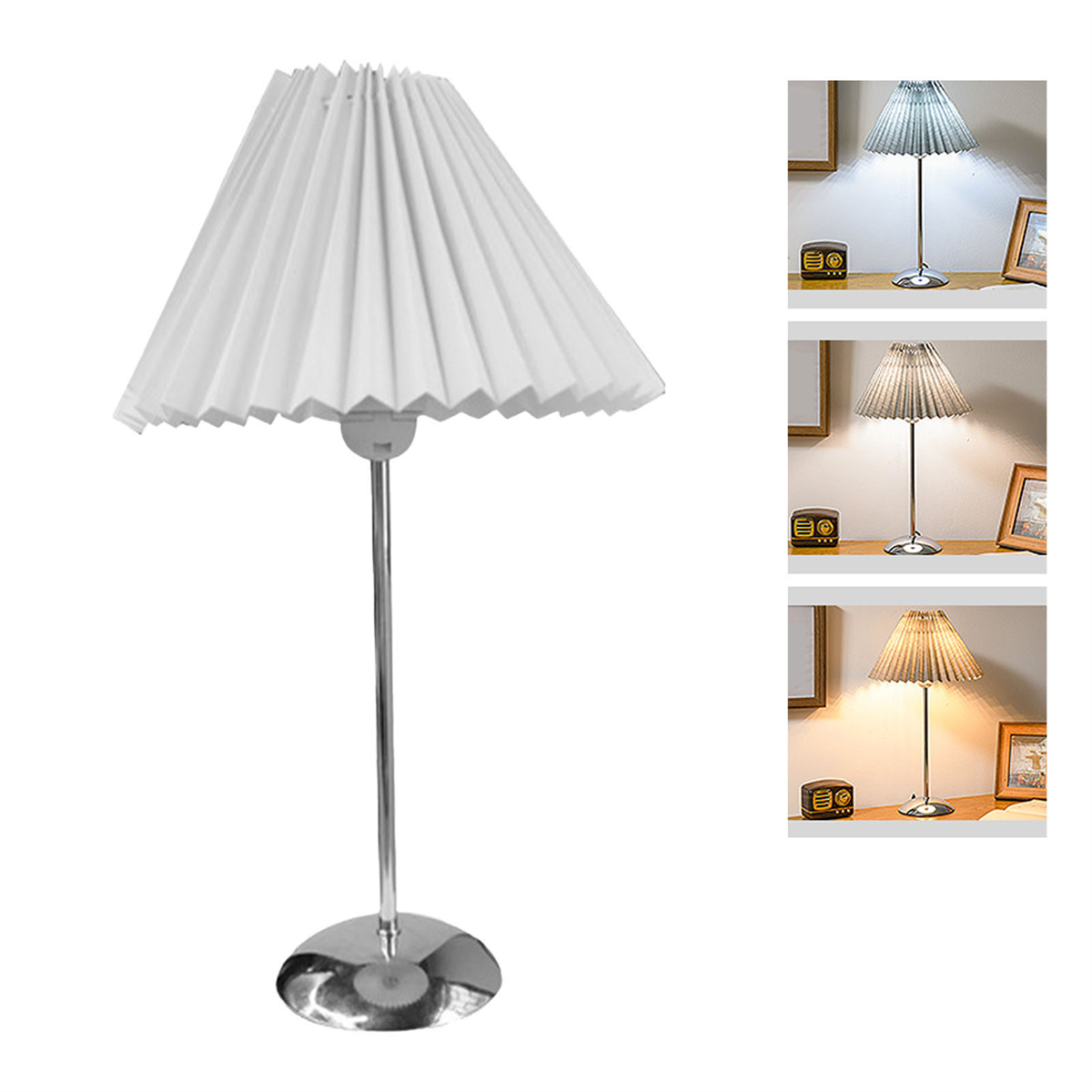 Weiße Lampe mit plissiertem Schirm, Chromfuß und verschiedenen Lichteinstellungen.