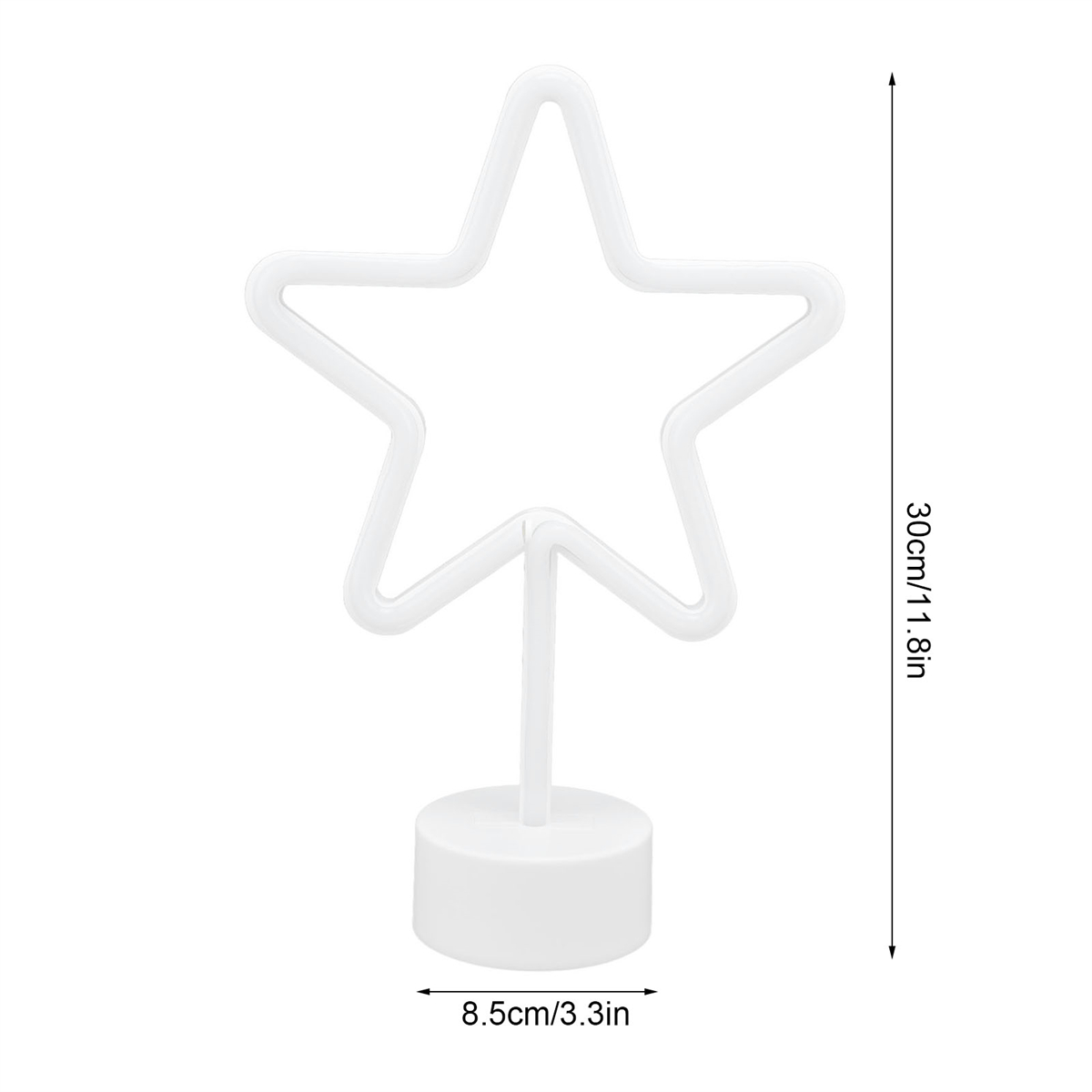 Weißes sternförmiges Neonzeichen auf einem Sockel. Maße: 30 cm/11,8 Zoll hoch und 8,5 cm/3,3 Zoll breit.