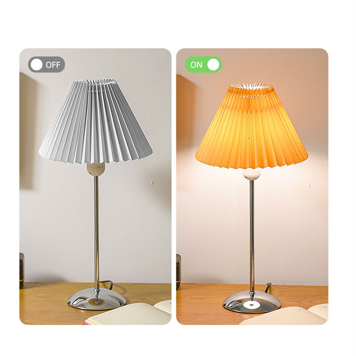 Tischlampe in zwei Zuständen, aus und an, zeigt eine weiße Lampe mit plissiertem Schirm.