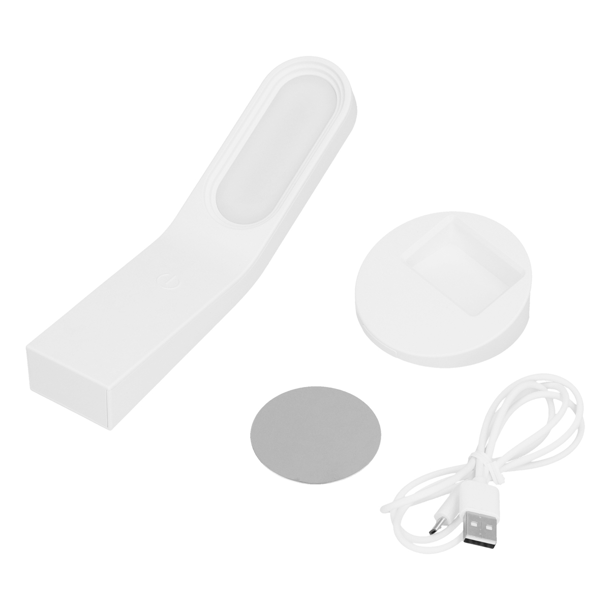 Eine weiße, faltbare LED-Lampe mit Ladekabel und kreisförmiger Basis. Sie ist offen und gefaltet dargestellt.