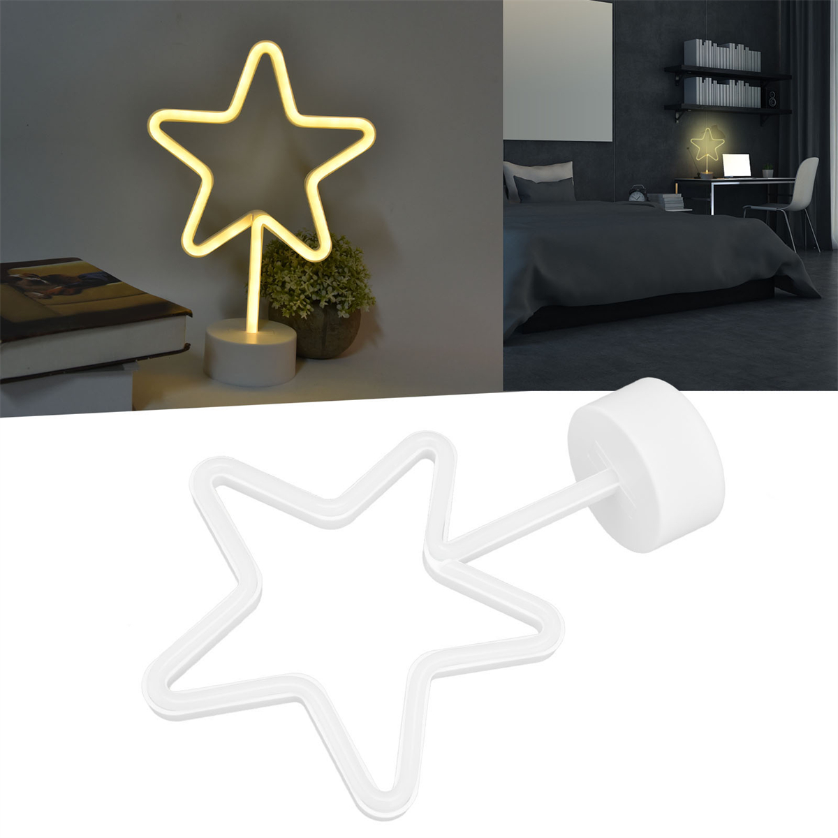 Sternförmiges Neonlicht und ein anderer Raum mit ähnlichem Licht.