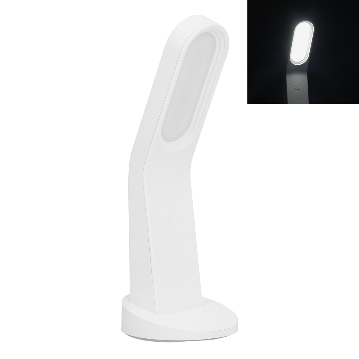 Weiße Schreibtischlampe mit geschwungenem Design und kleinem Ausschnitt des beleuchteten Lampens.