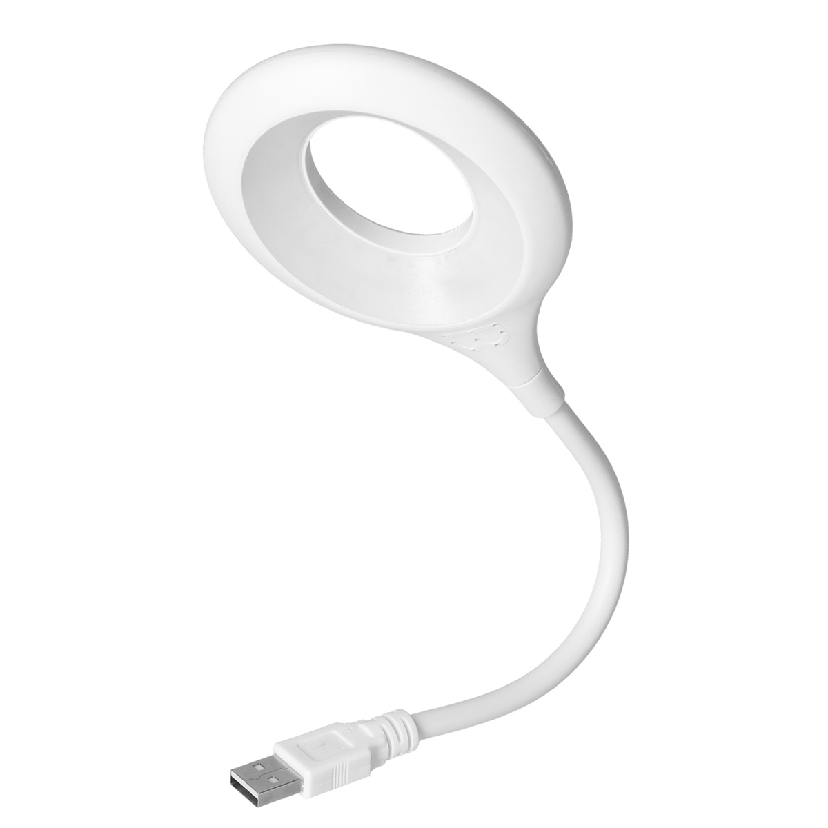 Weiße Schreibtischlampe mit flexiblem Arm und USB-Anschluss, isoliert auf Weiß.