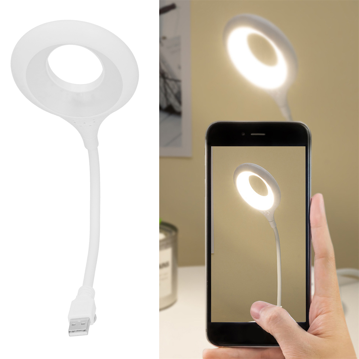 Weiße, ringförmige LED-Lampe mit USB-Anschluss. Die Lampe ist an und wird von einem Telefon aufgenommen.