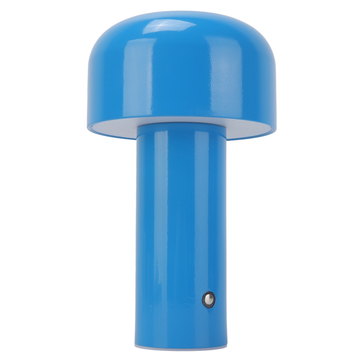 Eine blaue, zylindrische Lampe mit rundem Oberteil und einem Knopf an der Basis.