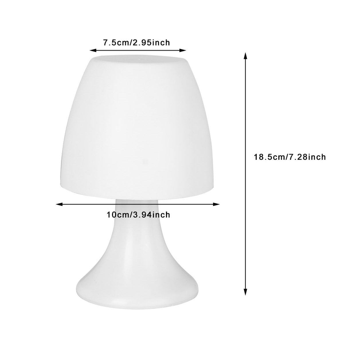 Weiße Lampe mit Abmessungen auf weißem Hintergrund. Runde Basis und Schirm.