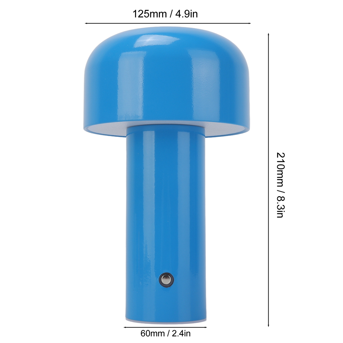 Blaue Lampe mit angegebenen Abmessungen.
