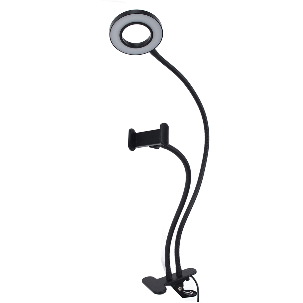 Schwarzes Ringlicht mit Telefonhalter und flexiblen Armen. Weißer Hintergrund.