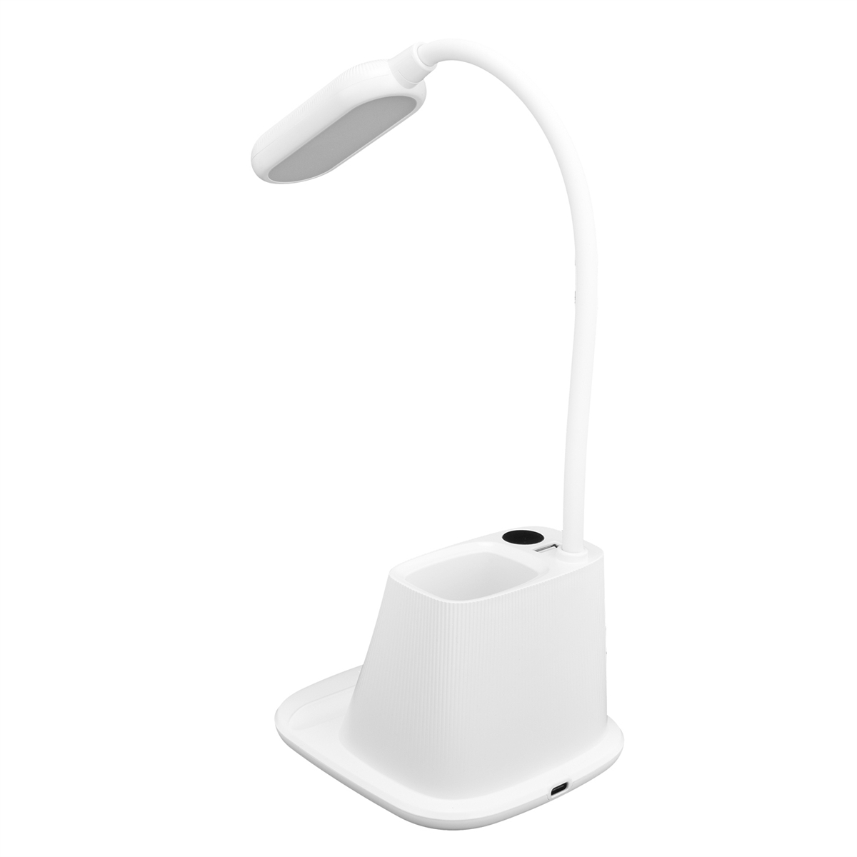 Weiße Schreibtischlampe mit Stifthalter und Sockel. Sie hat einen flexiblen Hals und eine LED-Leuchte.