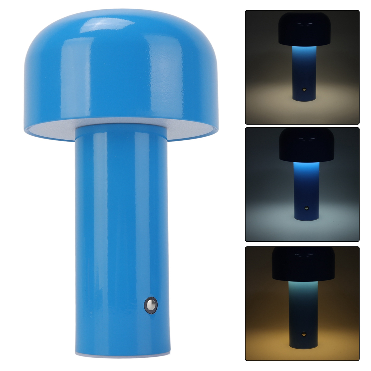 Blaue pilzförmige Lampe mit drei Lichteinstellungen. Auf Weiß isoliert.