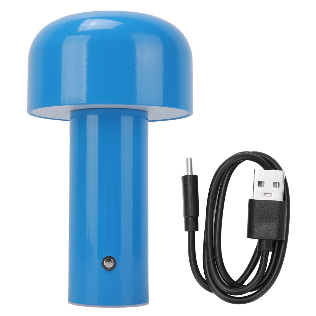 Eine blaue pilzförmige Lampe steht neben einem schwarzen USB-Kabel auf weißem Hintergrund.