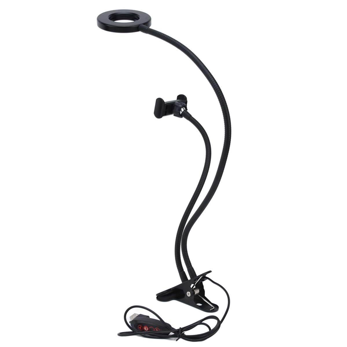 Schwarze Schreibtischlampe mit Schwanenhals, kreisförmigem Licht und Telefonhalter auf weißem Hintergrund.