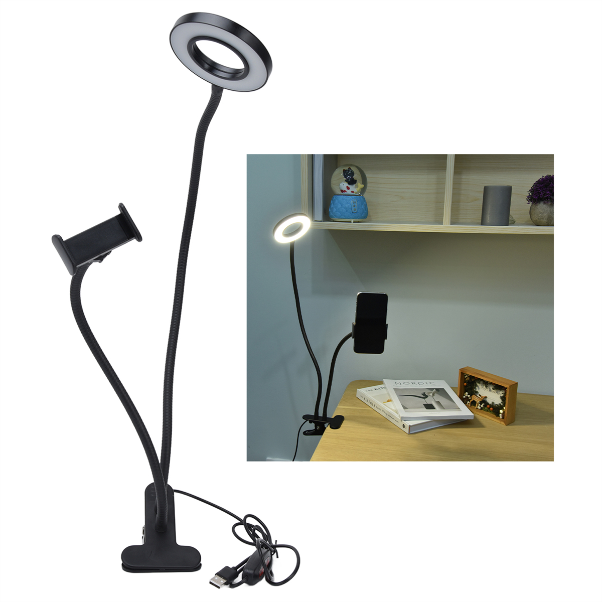 Ein Ringlicht mit Telefonhalter und flexiblem Arm, montiert an einem Clip, mit Schreibtischaufbau.