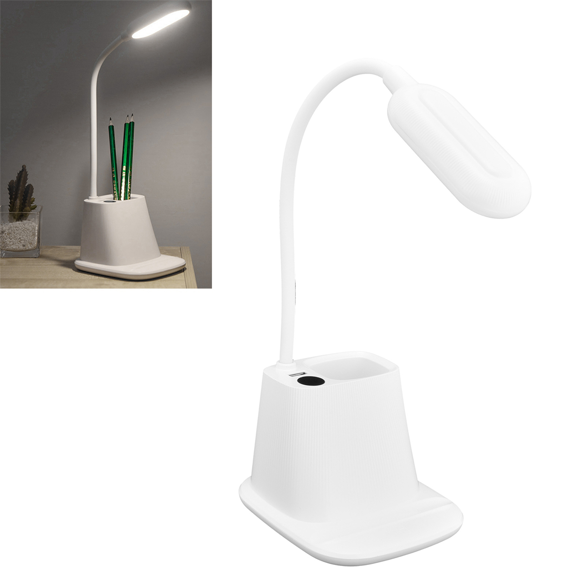 Weiße Schreibtischlampe. Basis mit Stifthalter. Grüne Bleistifte. Toplicht.