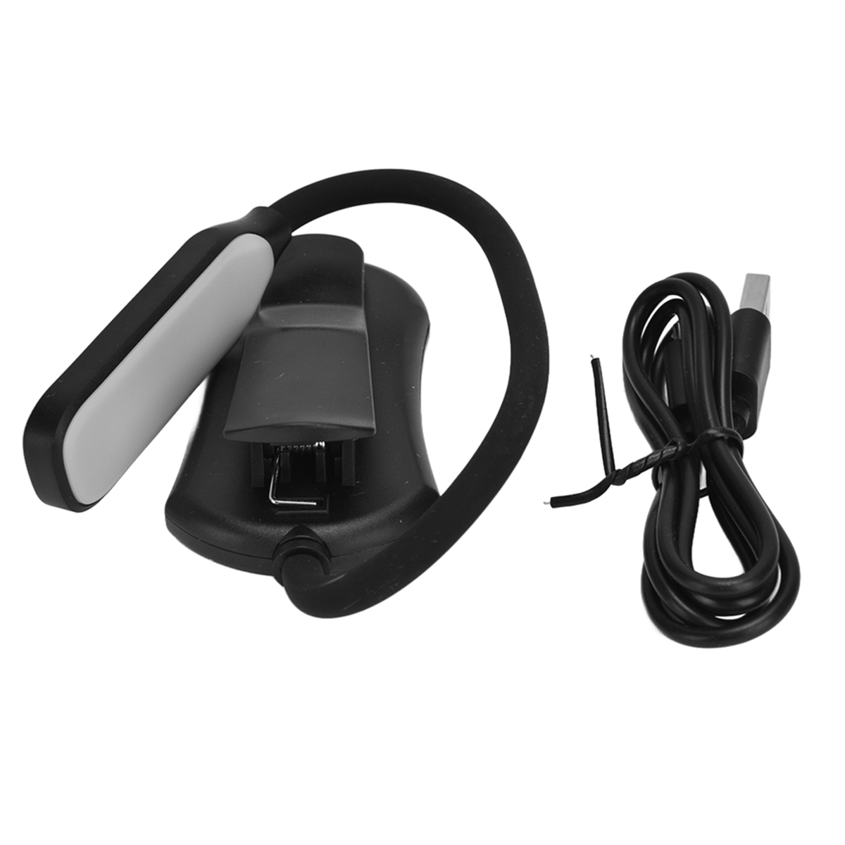 Schwarzes Leselicht mit flexiblem Hals und USB-Kabel, isoliert auf Weiß.