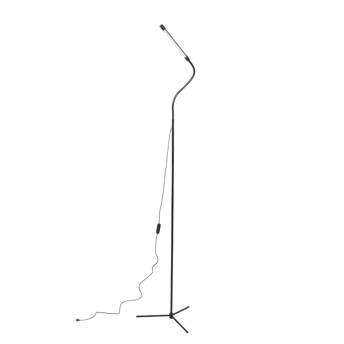 Hohe schwarze Stehlampe mit gebogenem Licht und Stativfuß.