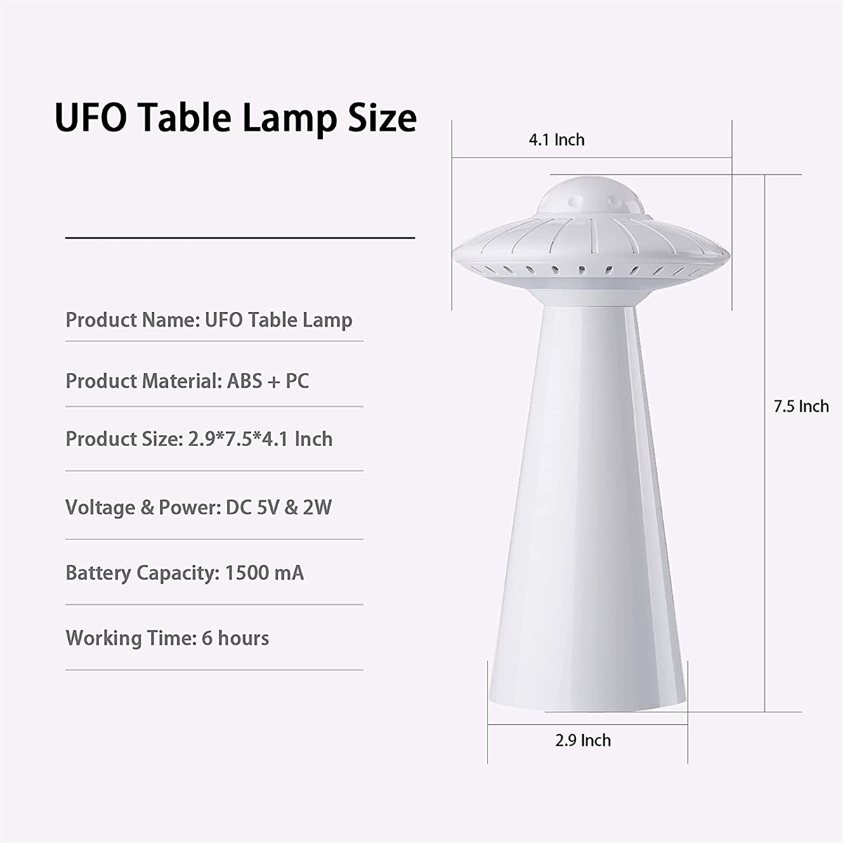 Eine weiße, UFO-förmige Tischlampe mit den Abmessungen 2,9 x 7,5 x 4,1 Zoll.