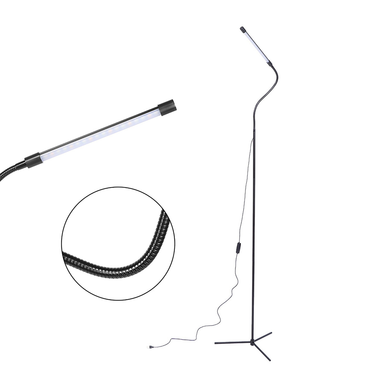 Schwarze und silberne Stehlampe mit gebogenem Arm. Weißer Hintergrund und Nahaufnahmen.