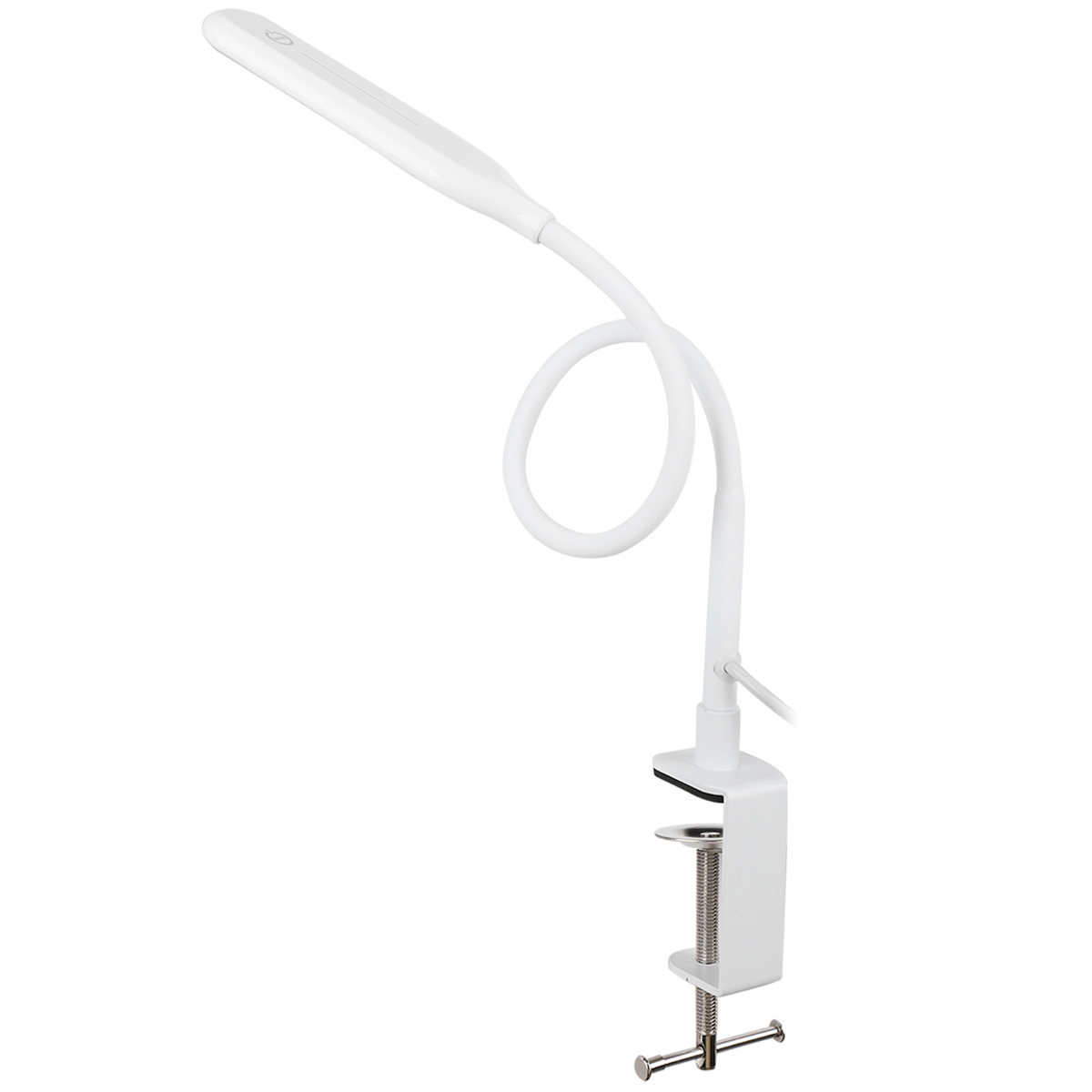 Weiße Schreibtischlampe mit flexiblem Arm und Klemmfuß. Isoliert auf Weiß.