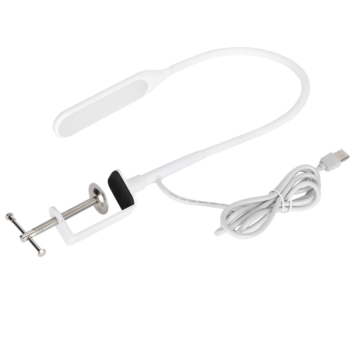 Weiße Schreibtischlampe mit flexiblem Hals und Klemme.