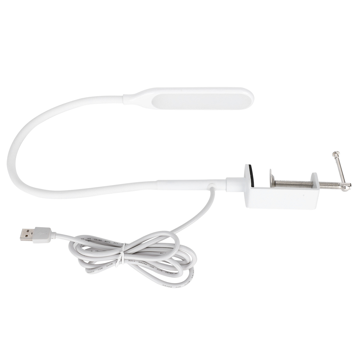 Weiße Schreibtischlampe mit Klemme, USB-Kabel.