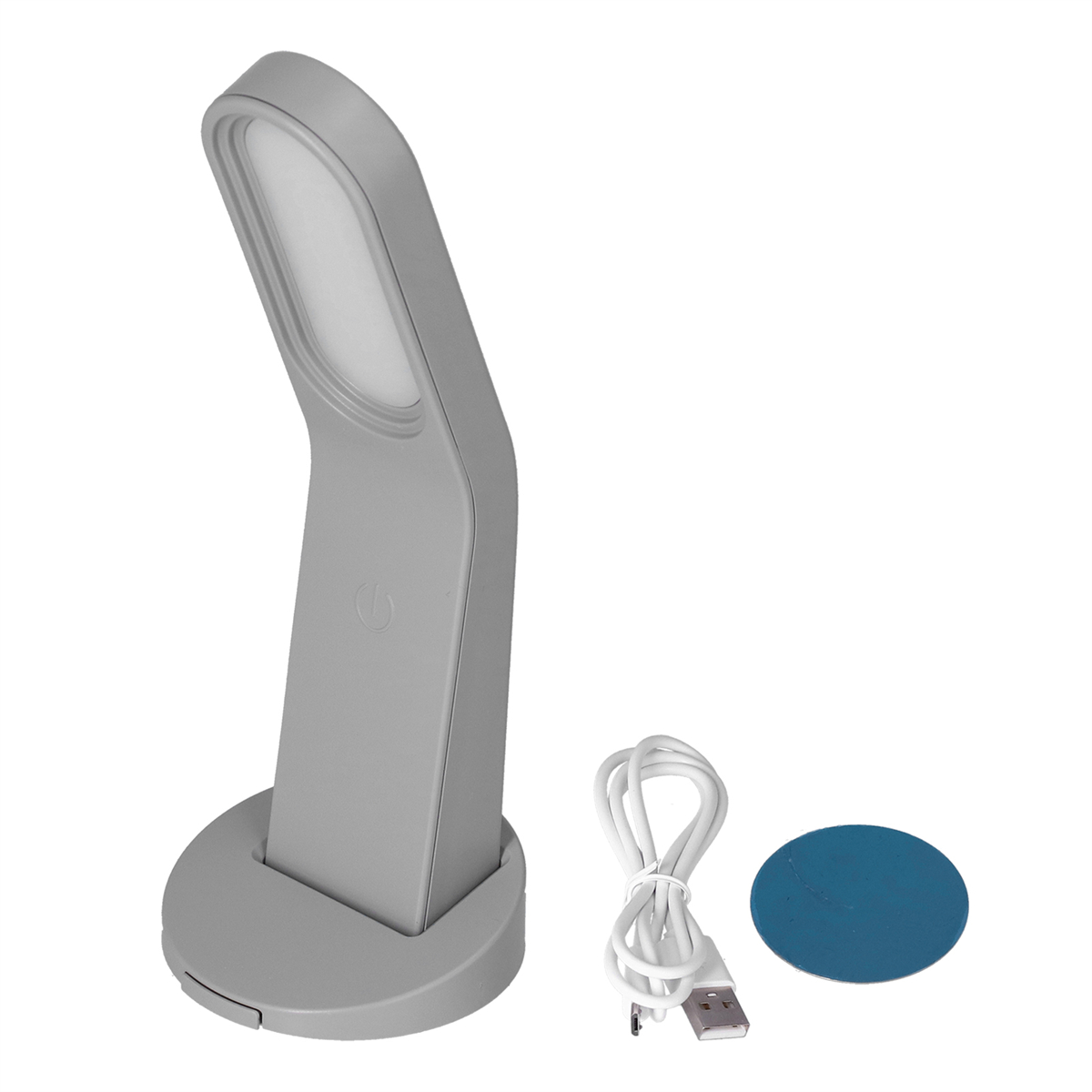 Eine graue, moderne Schreibtischlampe mit weißem Kabel und einer blauen Klebescheibe.