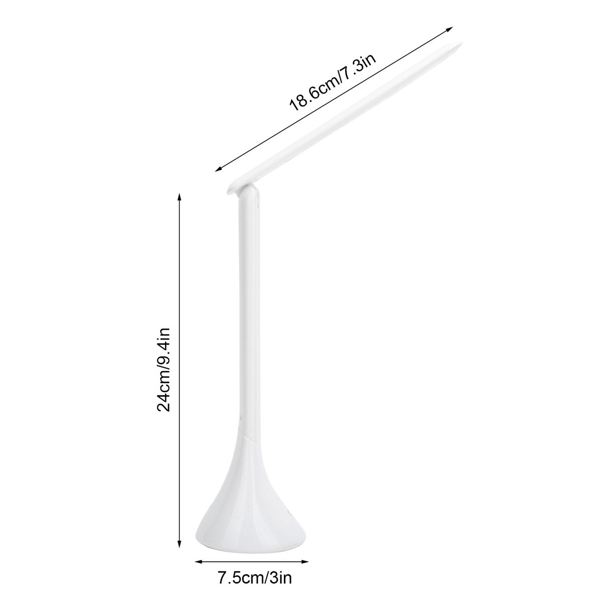 Eine weiße Schreibtischlampe, mit Abmessungen: 24 cm hoch, 18,6 cm breit, und 7,5 cm Basis.