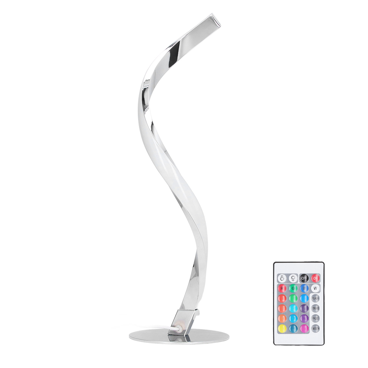 Silberne, geschwungene Schreibtischlampe mit Touch-Control-Sockel und Fernbedienung, auf weißem Hintergrund.
