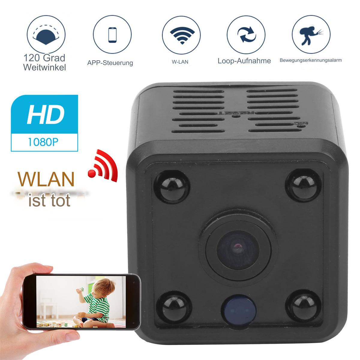 Schwarze Überwachungskamera mit einem Telefon, das ein Kind anzeigt. Text: HD 1080P, WLAN ist tot.