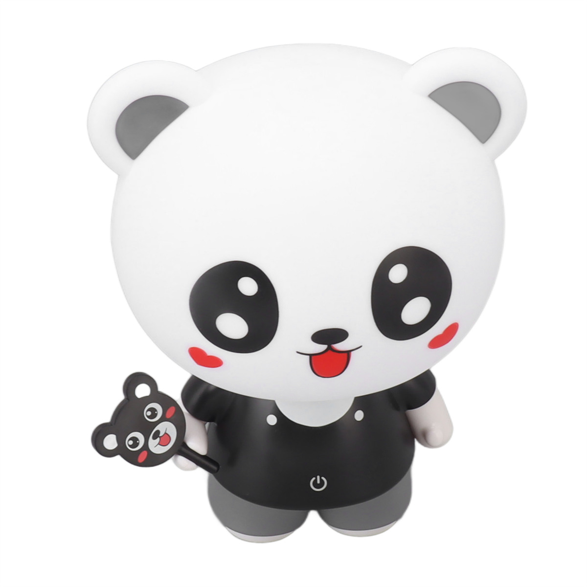 Panda-förmiges Nachtlicht mit schwarzem Hemd, roten Wangen und einer bärenförmigen Fernbedienung.