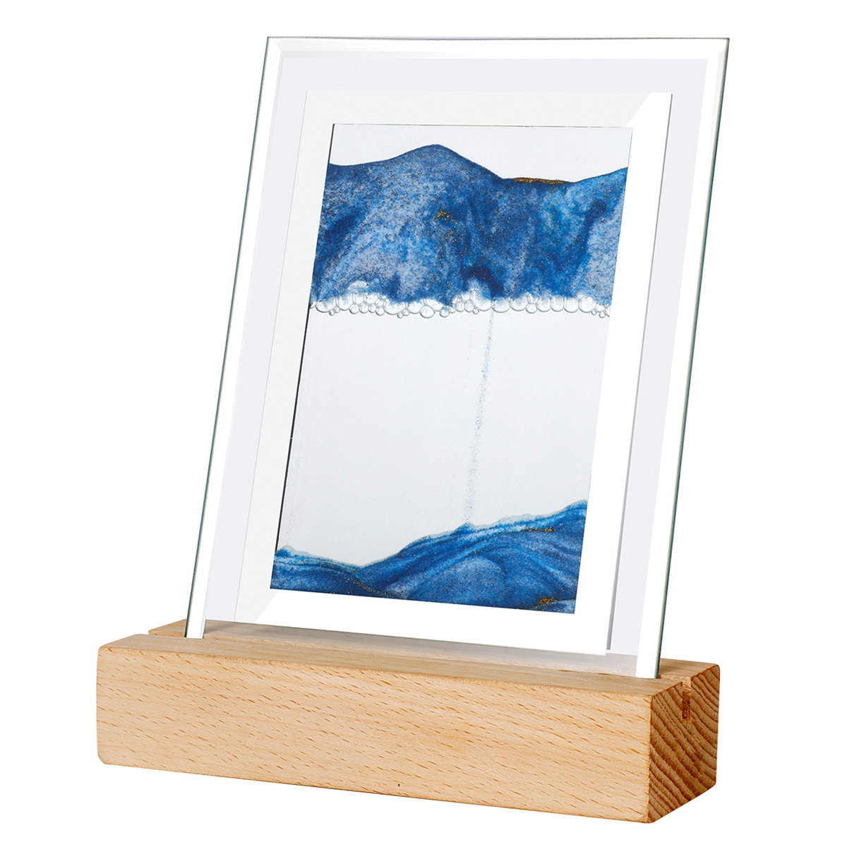 Blau-weißer Sandkunstrahmen auf Holzsockel, Glasfront, geschichtete Sandkunst.