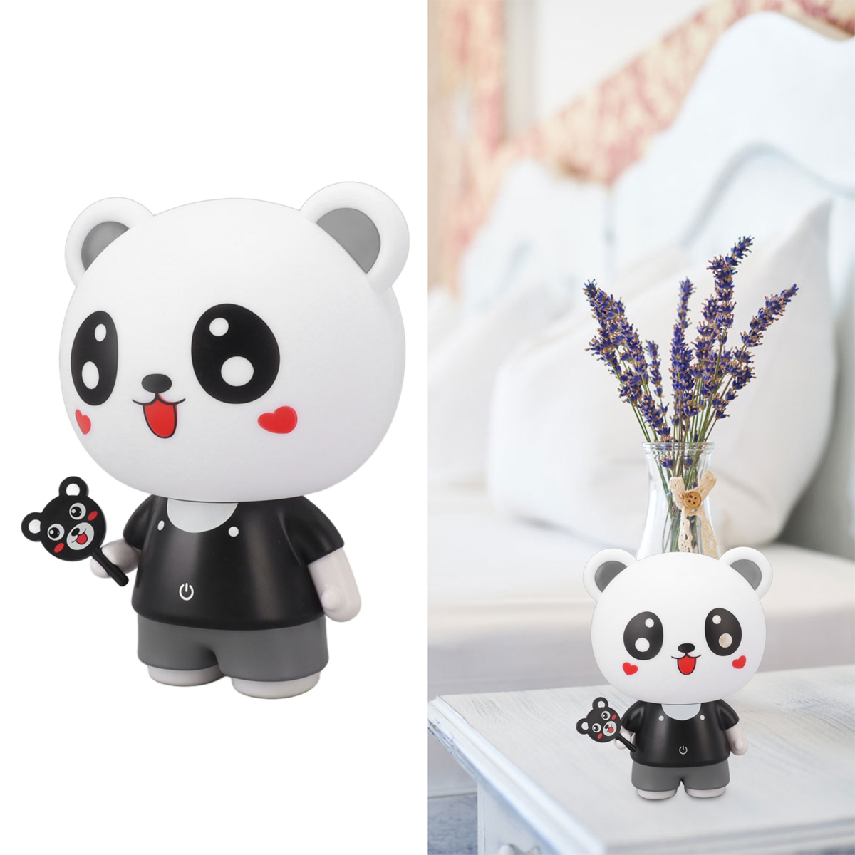 Eine pandaförmige Figur, die einen kleinen Panda hält. Die Figur ist weiß, schwarz und rot.