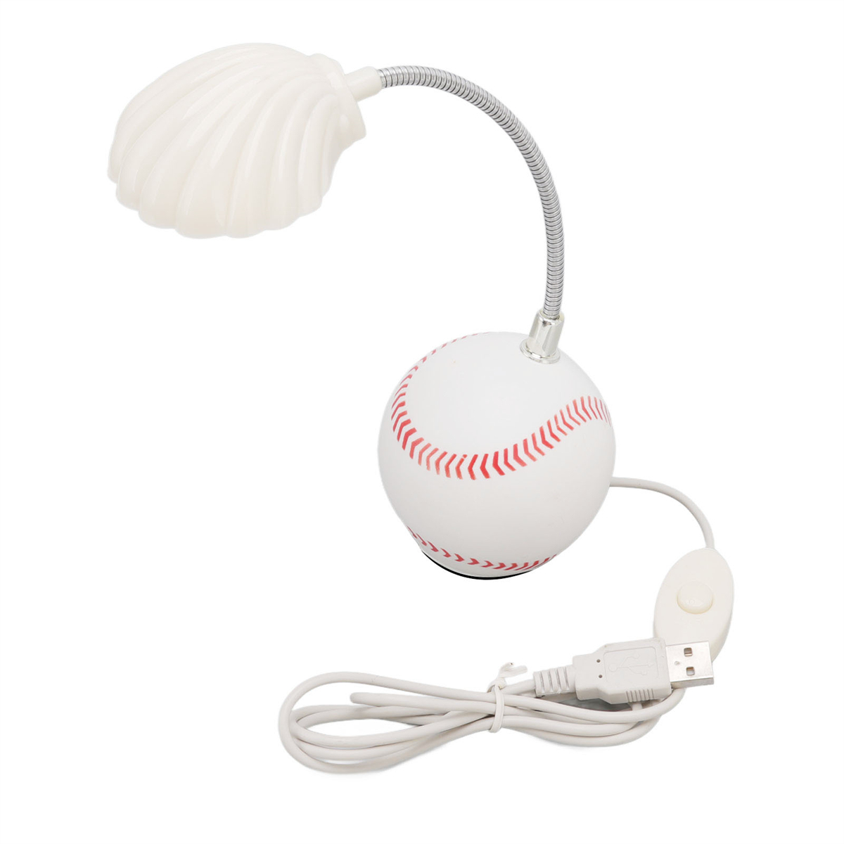 Eine weiße, baseballförmige Lampe mit rotem Nahtmuster, flexiblem Hals und USB-Kabel mit Schalter.