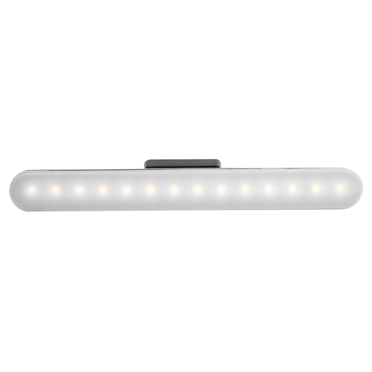 Ein langer, weißer LED-Lichtbalken mit gleichmäßig verteilten Lichtern. Es ist auf einer weißen Oberfläche.