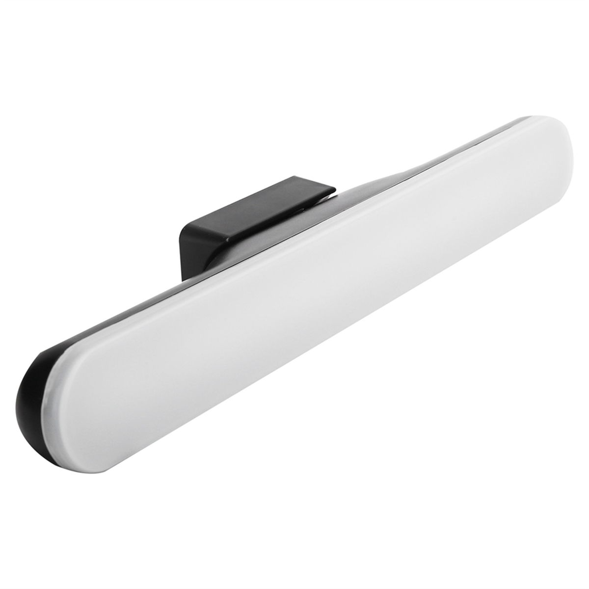 Weiße LED-Lichtleiste mit schwarzen Akzenten und einem Montageclip. Klares, minimalistisches Design.