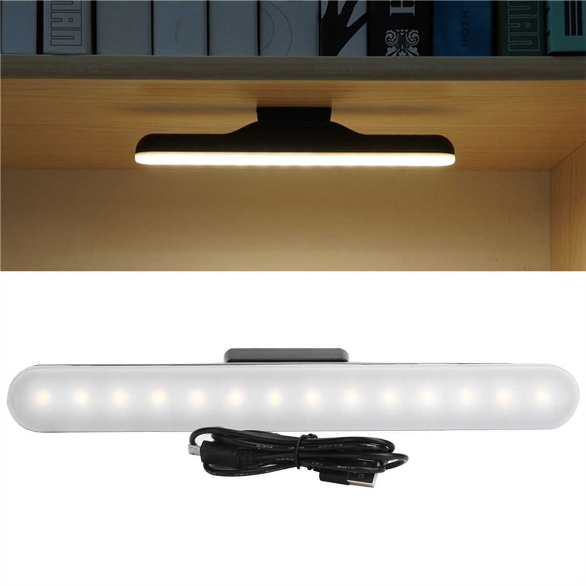 LED-Streifenlicht unter einem Regal montiert, mit USB-Kabel.