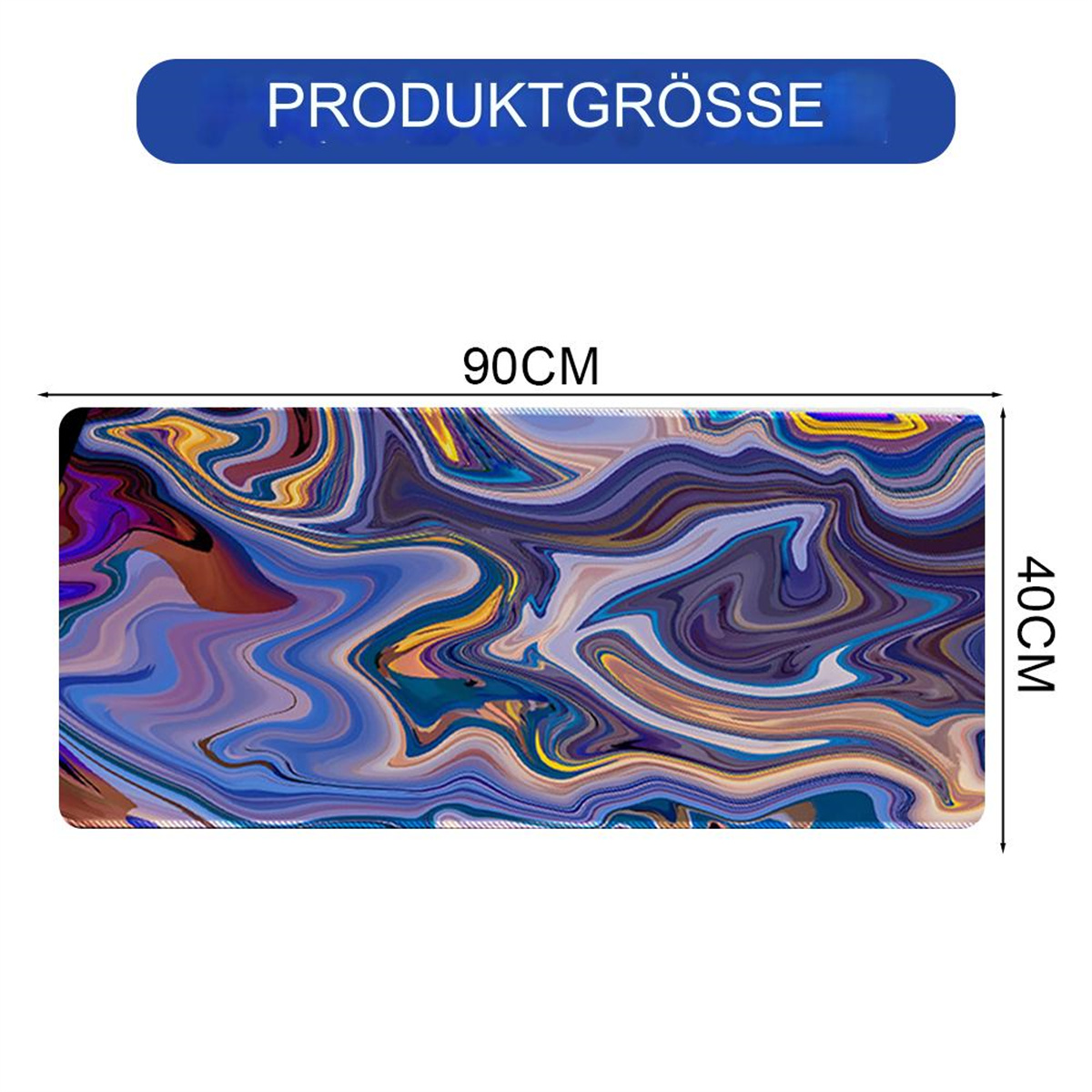 Ein rechteckiges Mousepad mit Maßen. Oben steht 'PRODUKTGRÖSSE'. Die Abmessungen sind 90cm x 40cm.