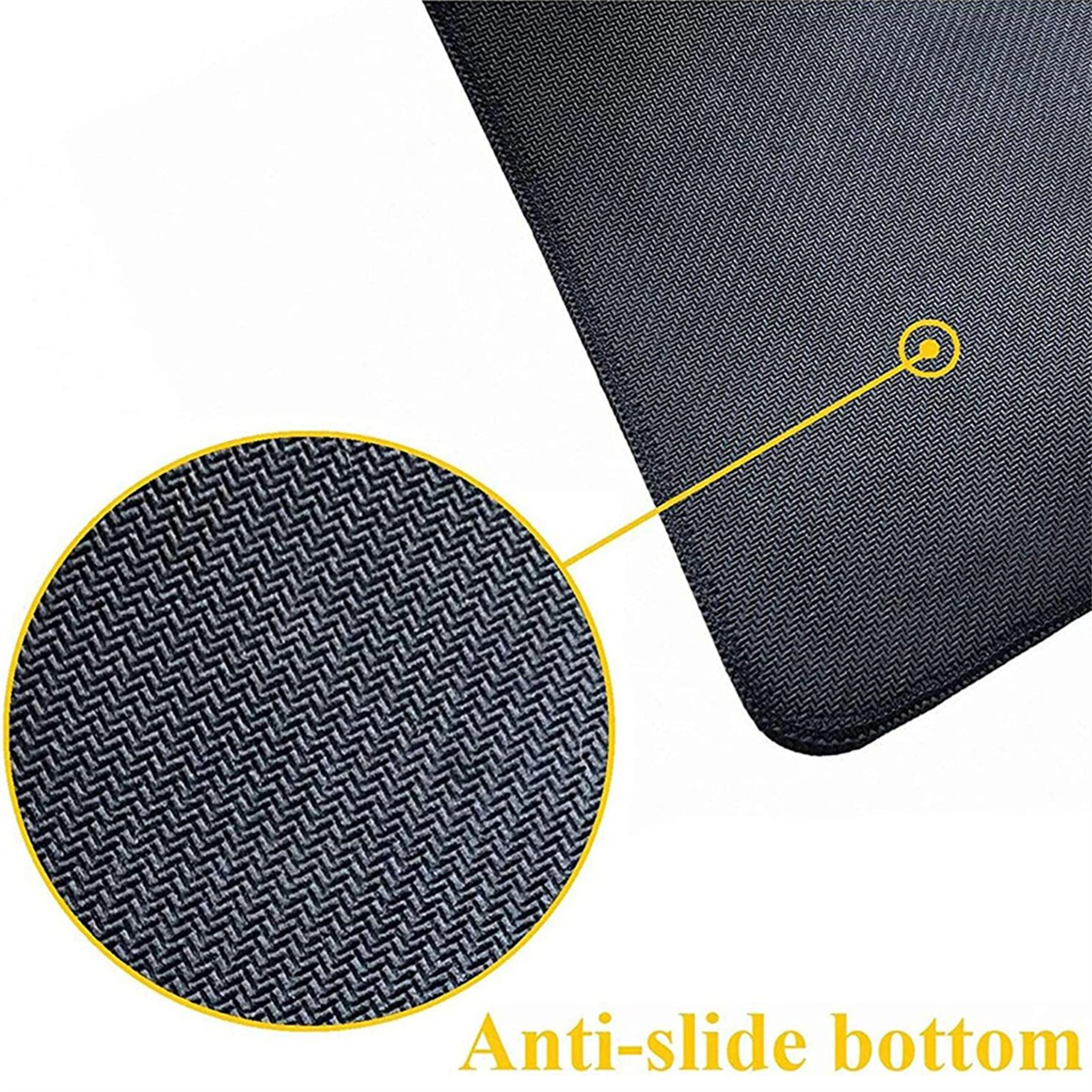 Nahaufnahme eines schwarzen Mauspads, mit einem vergrößerten strukturierten Bereich, der den Anti-Rutsch-Boden zeigt.
