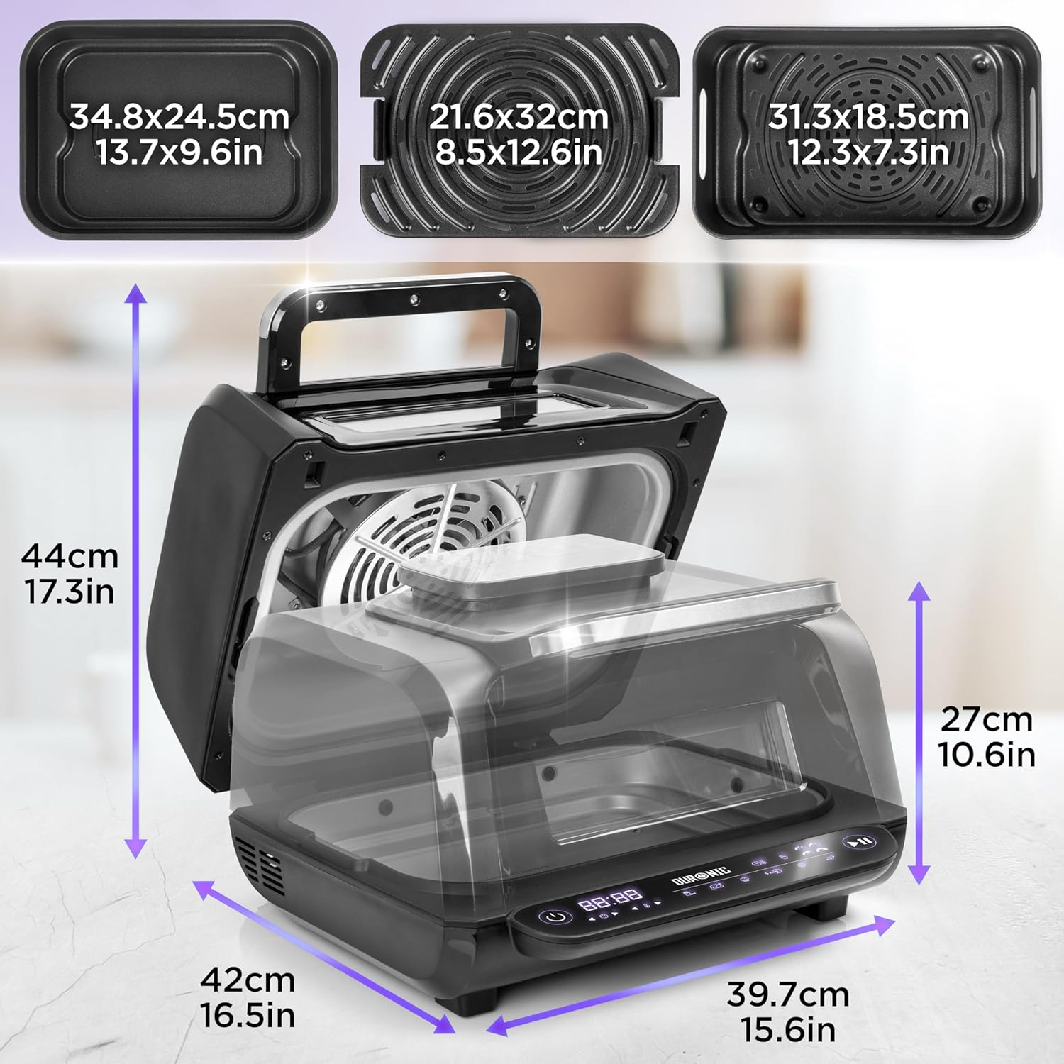Schwarzer Indoor-Grill mit Abmessungen auf weißem Hintergrund.