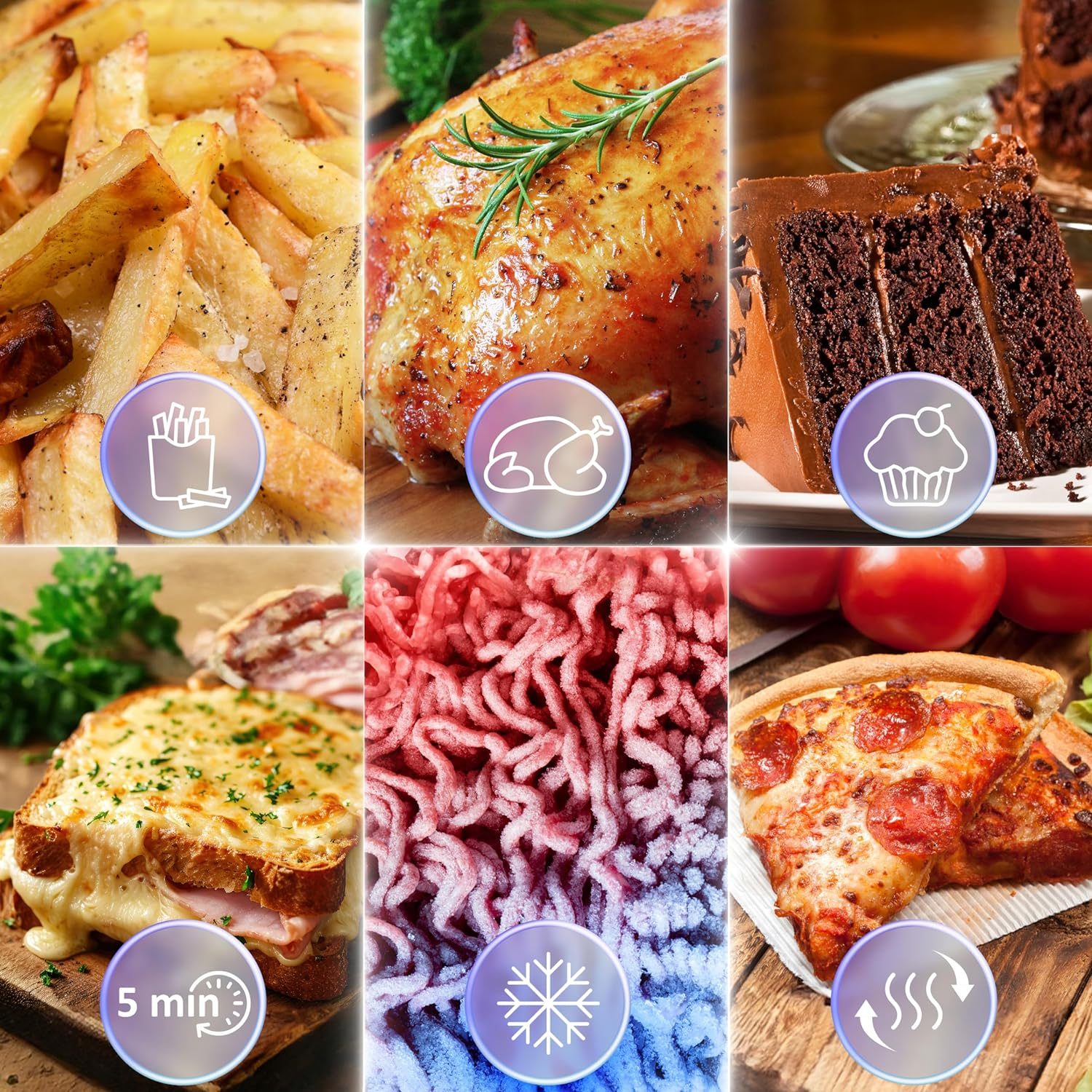 Essensbilder: Pommes, Huhn, Kuchen, Sandwich, Hackfleisch, Pizza, mit Symbolen.