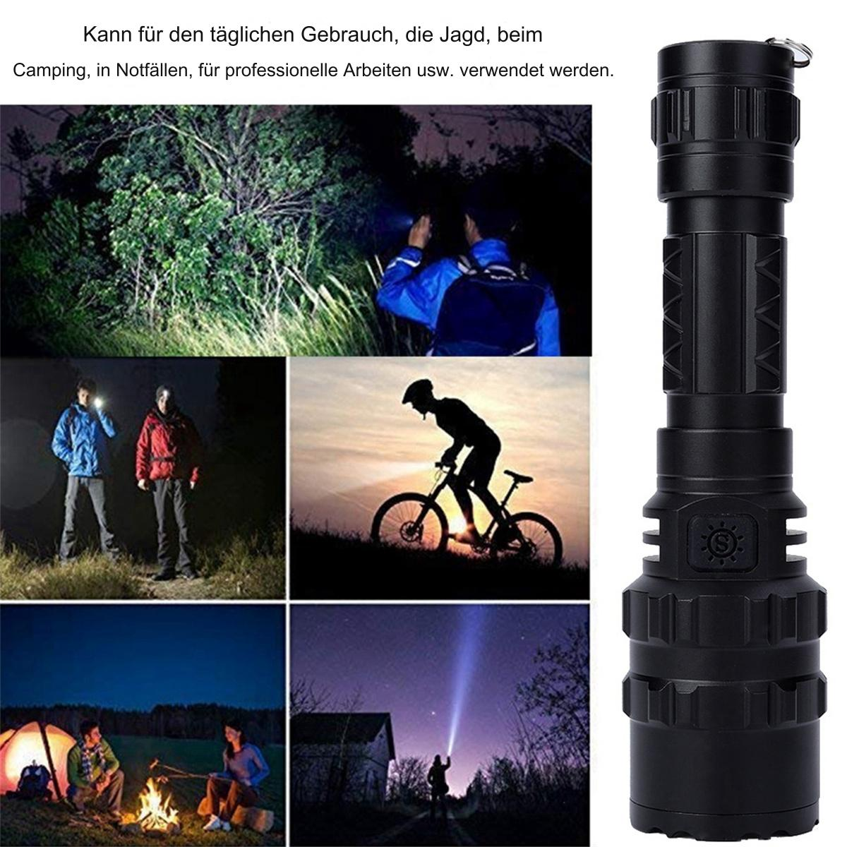 Eine schwarze Taschenlampe mit Menschen, die sie in verschiedenen Außenszenen benutzen.