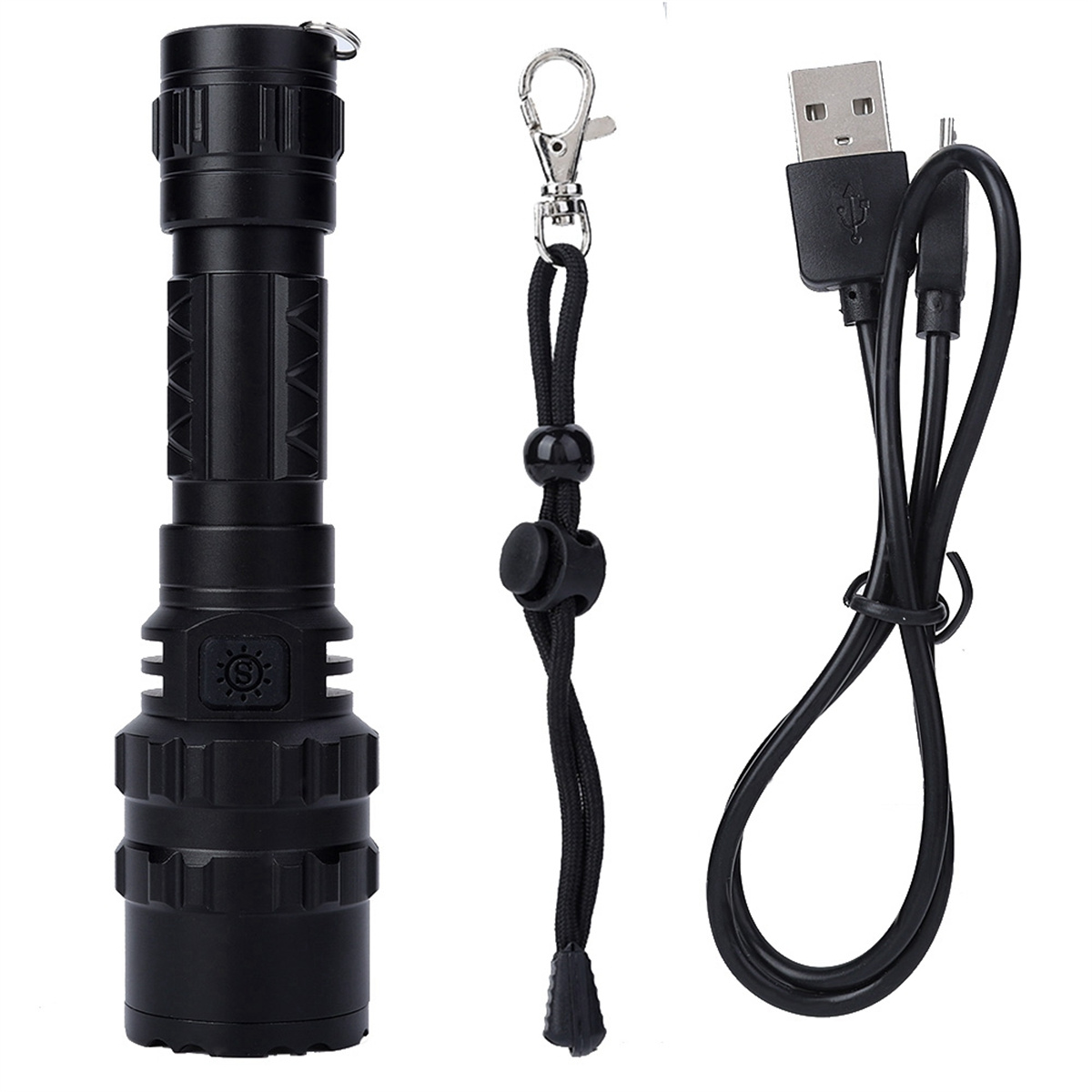 Schwarze Taschenlampe mit Schlüsselband und USB-Ladekabel. Weißer Hintergrund.